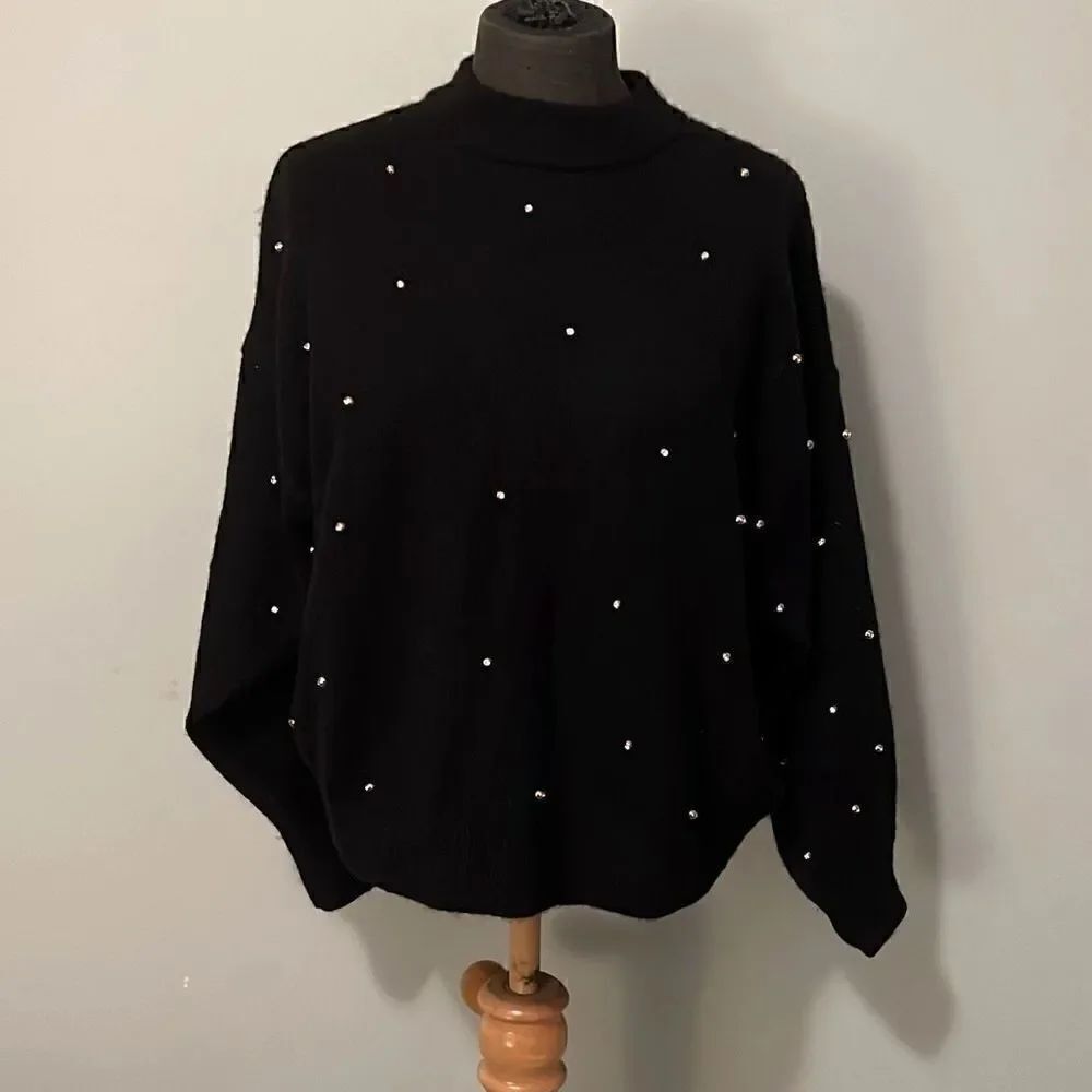 H&M Womens Black Faux Pearl Embellished Mock Neck Wool Blend Pullover Sweater XS
